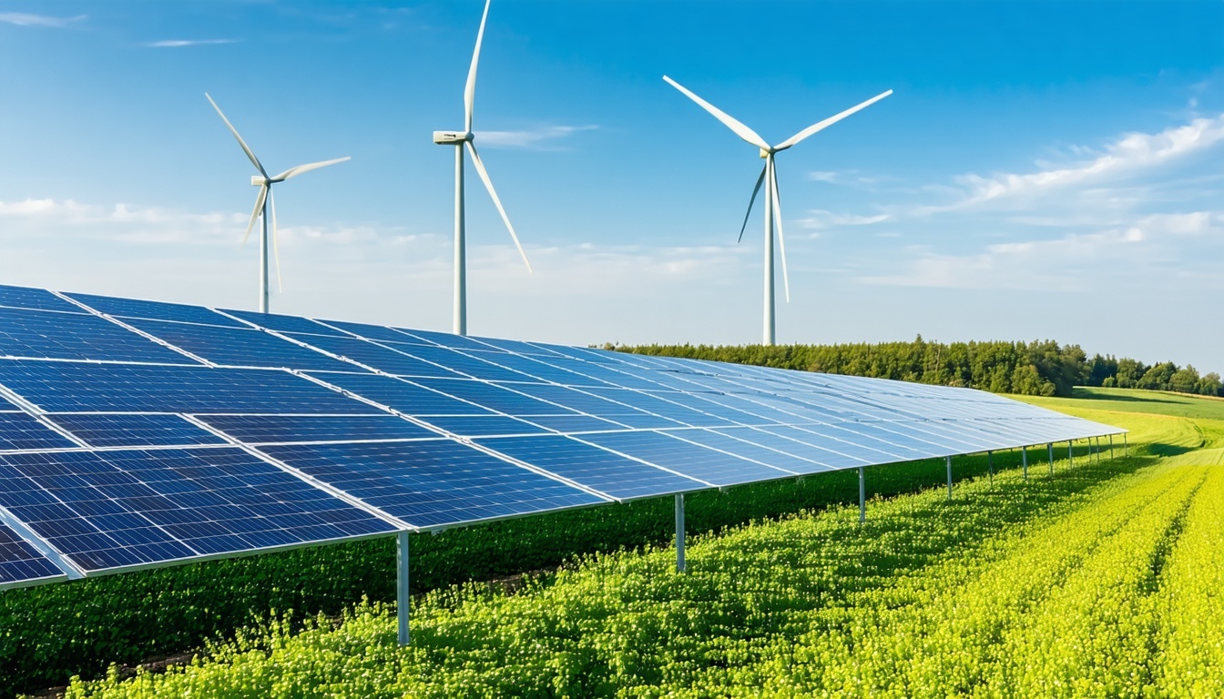 A header image that shows wind farm solar panels and bio fuels production